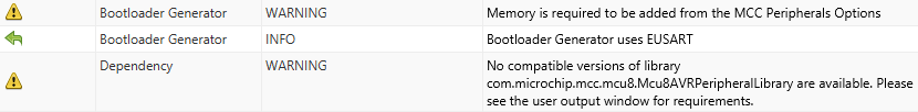 Warnings en MCC al implementar el bootloader en PIC 8-bit y MCC