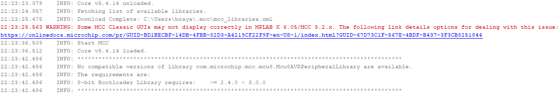 WARNING: Some MCC Classic GUIs may not display correctly in MPLAB X 6.05/MCC 5.2.x.