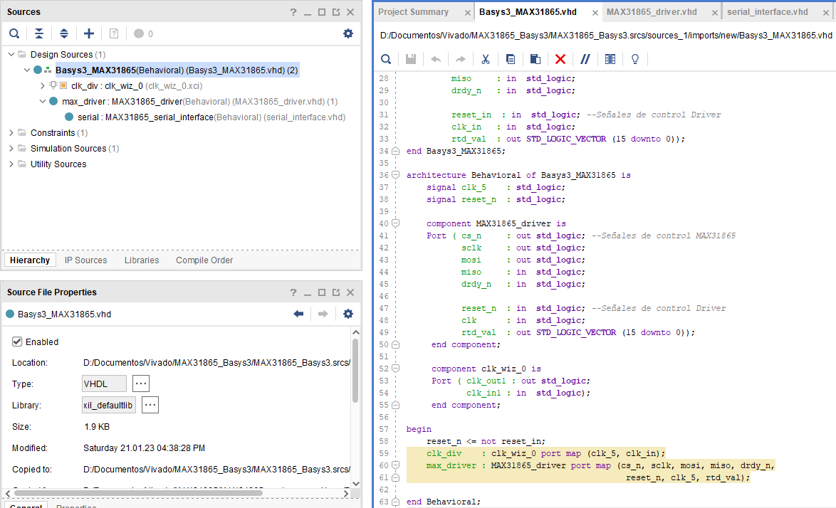 Vista del proyecto para verificar el Driver MAX31865 en una Basys 3