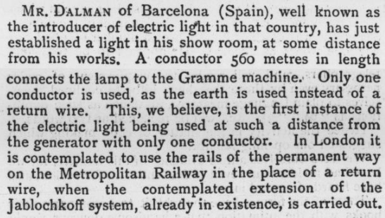 Nota en "The Telegraphic Journal" sobre el transporte de energía a un hilo de Dalmau. Historia de la Generación Eléctrica en España.