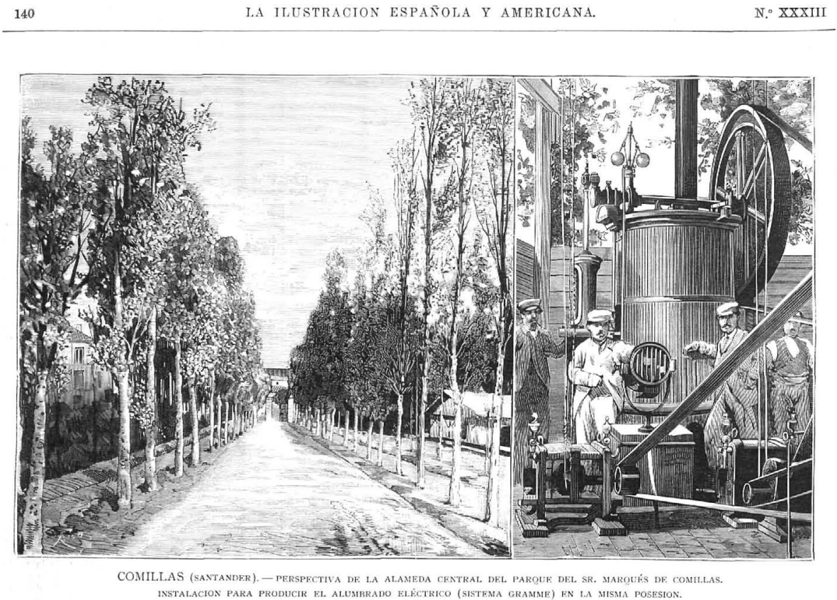 Historia de la Generación Eléctrica en España. Grabado de la revista "La ilustración Española y Americana". Muestra la alameda del parque del Marqués de Comillas y la instalación para generar electricidad.