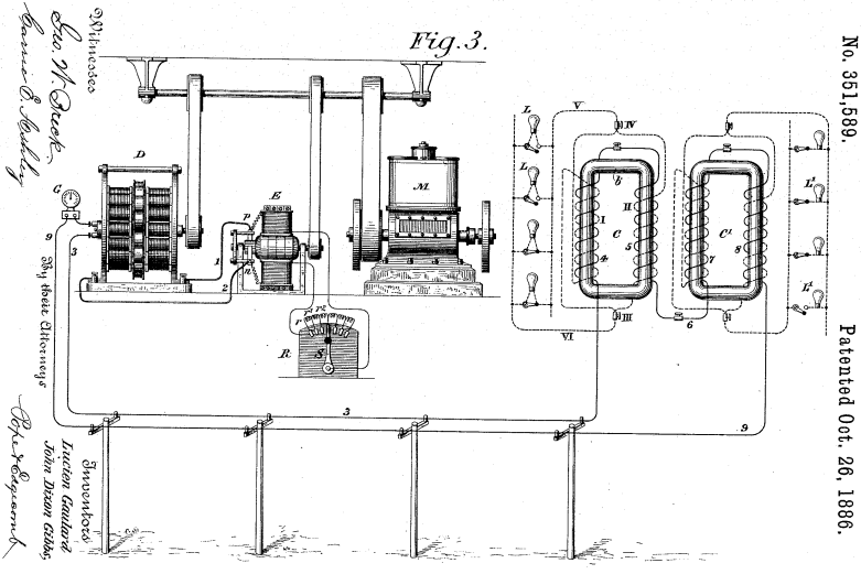 Diagrama de la patente del sistema de distribución de energía eléctrica de Lucien Gaulard y John Dixon Gibbs