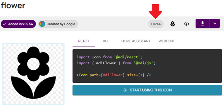 Ejemplo de búsqueda de iconos en "materialdesignicons-webfont.ttf"