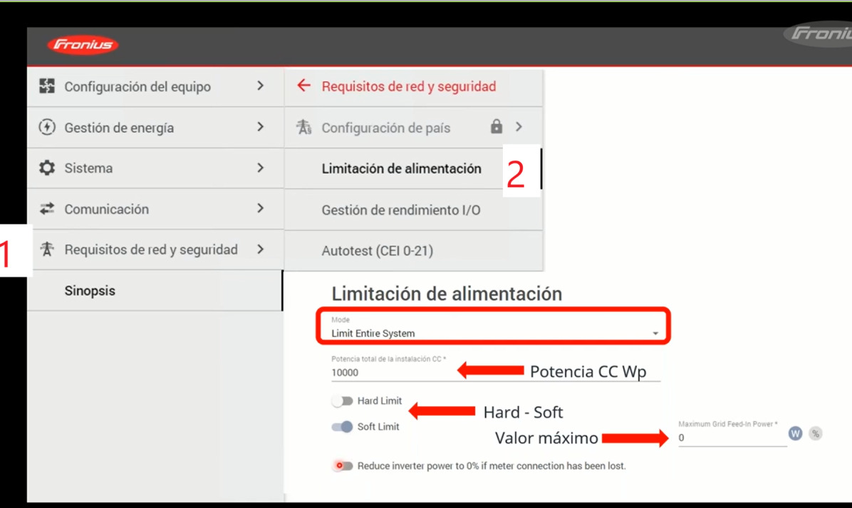 Configuración antivertido en inversor Fronius PRIMO mediante servidor Web