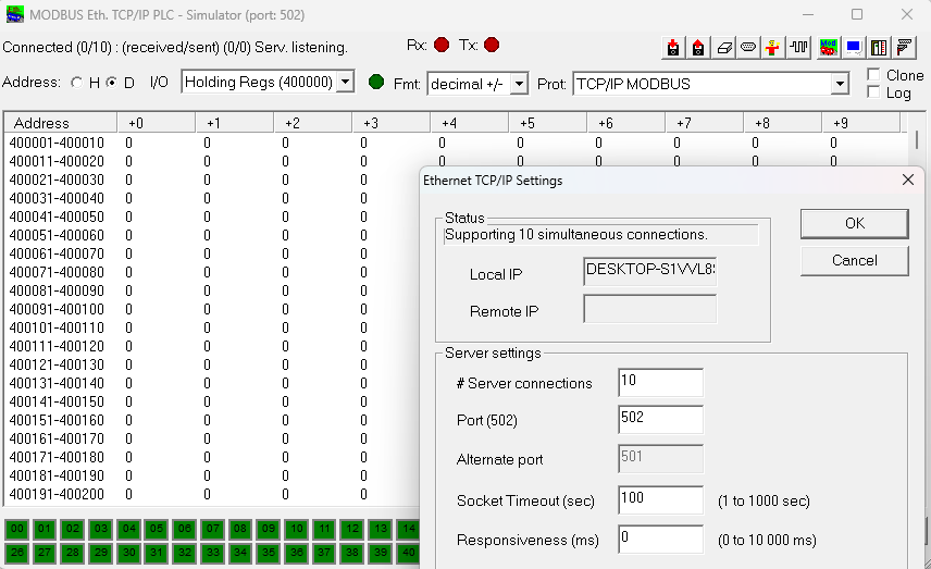 ModRSsim2 configurado para depurar Modbus TCP